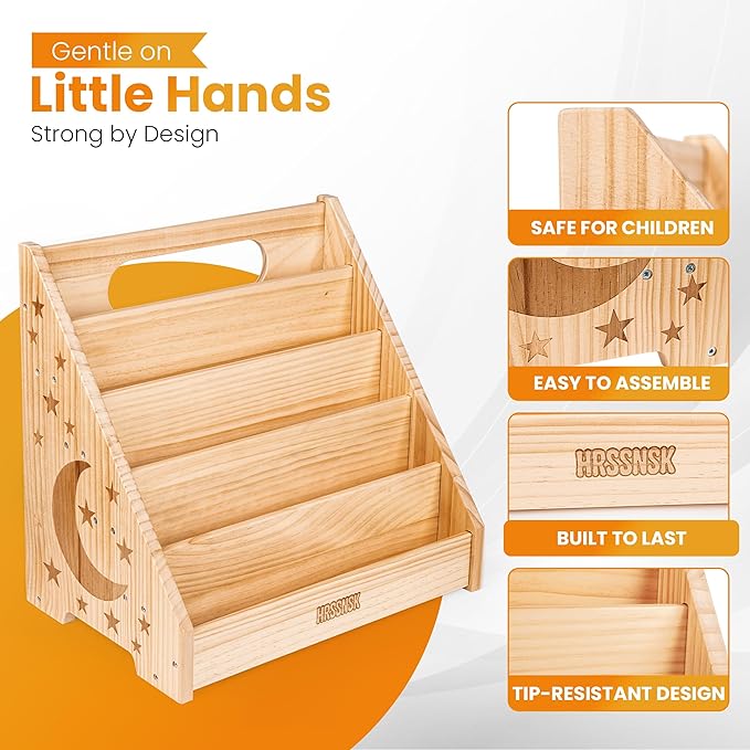 Montessori Baby Bookshelf, Natural Pinewood Front Facing Nursery Bookshelf, Small Kids Bookcase Book Organizer for Toddlers, 16.5 Inch Wide