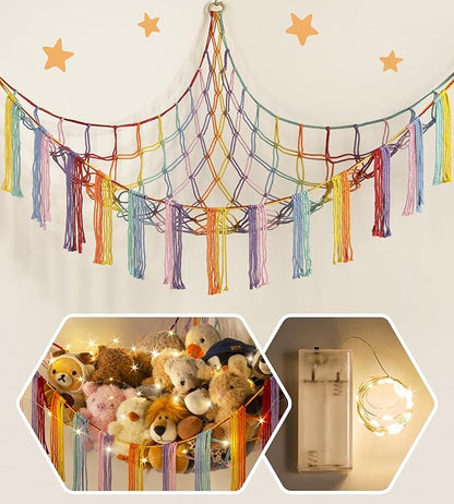 Stuffed Animal Hammock Corner with LED Light - Toy Storage Hammock Plushie Net Large - Cute Stuff Animals Holder Hanging Organizer - Baby Room Rainbow Decor Kids Toddler Nursery Bedroom