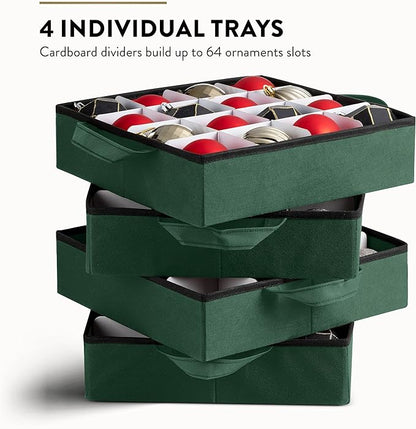 Zober Christmas Ornament Storage Box - Stores 64 Ornaments - Non-Woven, Tear- Proof Christmas Ornament Storage Containers - 3 Inch Cube Compartments - Green