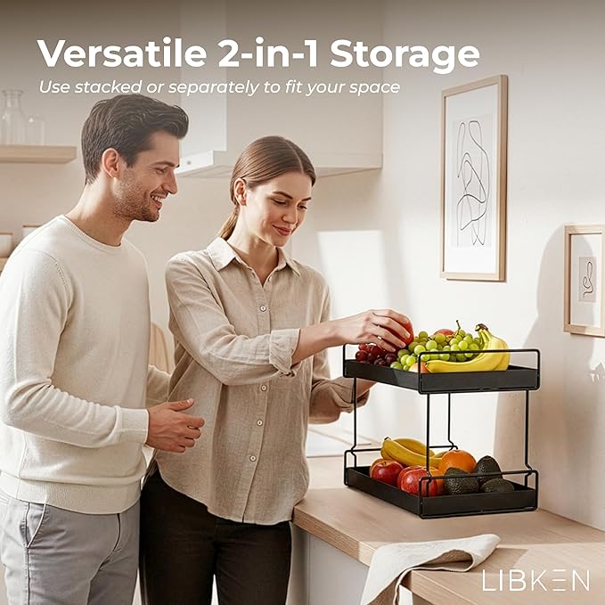 2-Tier Fruit Basket for Kitchen Counter – Black Powder Coated Metal Fruit Stand – Minimal Scandinavian Design Countertop Organizer for Fruits, Vegetables, Bread, Snacks – Sturdy & Easy Assembly