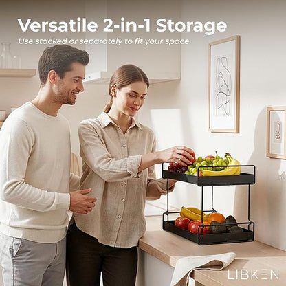2-Tier Fruit Basket for Kitchen Counter – Black Powder Coated Metal Fruit Stand – Minimal Scandinavian Design Countertop Organizer for Fruits, Vegetables, Bread, Snacks – Sturdy & Easy Assembly