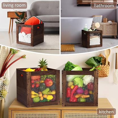 2 Pack Stackable Wood Storage Bins with Metal Wire and Handles 13 x 13 x 13 Inch, 36l Cube Vinyl Record Holder Wooden Storage Crate Basket for Shelve Fruit Vegetable Pantry Toy(Walnut)