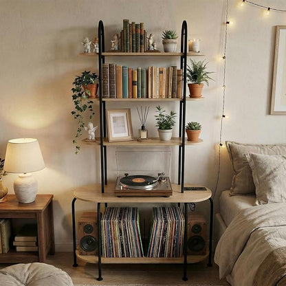 5-Tier CD Storage Rack, Record Player Stand with Storage, DVD Organizer Shelf with Adjustable Book Stoppers, Media Storage Rack for CD/DVD, Books, Games, for Living Room, Bedroom, Home Office, Natural