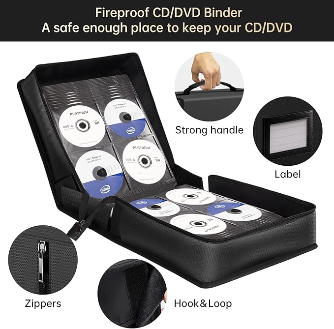 ENGPOW Fireproof CD Case, CD/DVD Storage Box,400 Capacity CD Binder DVD Storage Holder with Zippers, Portable Large Card Media Wallet Organizer Safe for Home Office Travel Car,Black,12.2"x11.8"x7.1"