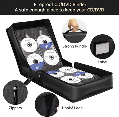 ENGPOW Fireproof CD Case, CD/DVD Storage Box,400 Capacity CD Binder DVD Storage Holder with Zippers, Portable Large Card Media Wallet Organizer Safe for Home Office Travel Car,Black,12.2"x11.8"x7.1"