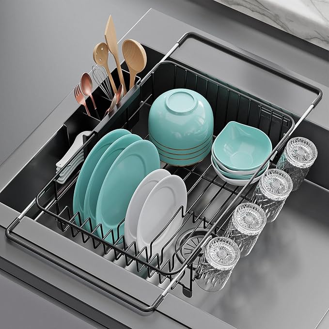 jouzevic Dish Drying Rack in Sink: Expandable, 3-Slot Utensil Holder, Anti-Slip Handle. Small Dish Rack: Ideal for Small Households. Kitchen Drying Rack: Black