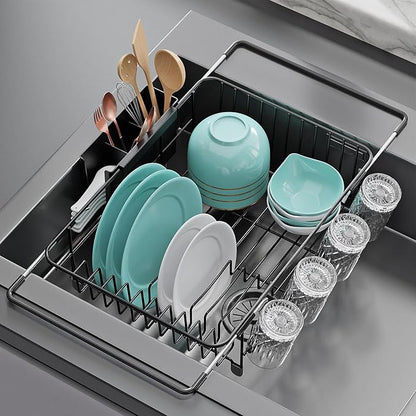 jouzevic Dish Drying Rack in Sink: Expandable, 3-Slot Utensil Holder, Anti-Slip Handle. Small Dish Rack: Ideal for Small Households. Kitchen Drying Rack: Black