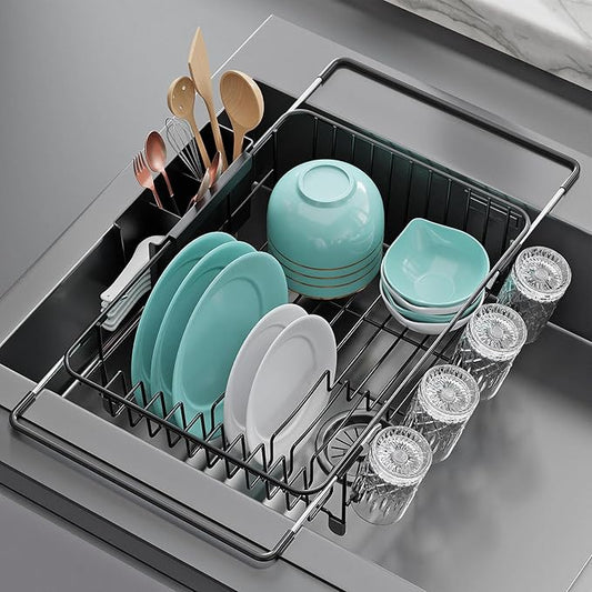 jouzevic Dish Drying Rack in Sink: Expandable, 3-Slot Utensil Holder, Anti-Slip Handle. Small Dish Rack: Ideal for Small Households. Kitchen Drying Rack: Black