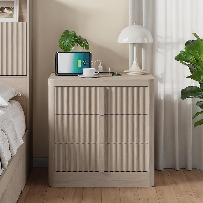 Harpaq Fluted Nightstand with Charging Station, 23.6" Night Stand with Solid Wood Handle, Mid Century Modern Bedside Table End Table 3 Drawer Dresser for Bedroom, Living Room, White Alder