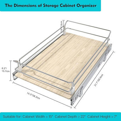 Pull Out Cabinet Organizer 15" W X 22" D, Slide Out Drawers For Kitchen Organizers and Storage, Pull Out Drawers For Cabinets Capacity Heavy Duty Caddy, Cabinet Shelves Wood Chrome, Pantry Storage