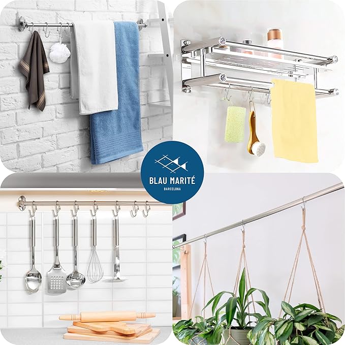 Blau Marité 10-Pack Metal S Hooks for Hanging – Heavy-Duty S-Shaped Hook with Safety Buckle – Fits Bars up to 0.8 In – Anti-Drop S-Hooks for Kitchen, Bathroom, Closet & Pot Racks – Silver (Medium)