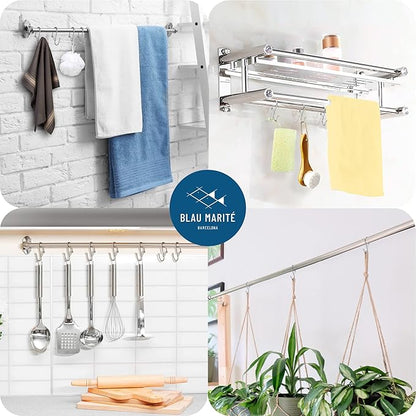 Blau Marité 10-Pack Metal S Hooks for Hanging – Heavy-Duty S-Shaped Hook with Safety Buckle – Fits Bars up to 0.8 In – Anti-Drop S-Hooks for Kitchen, Bathroom, Closet & Pot Racks – Silver (Medium)