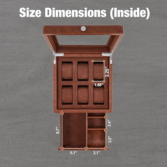 Awesometik 6 Slot LUXURY Faux Leather Watch Box Organizer. Real Glass Top. Watch Display & Watch Holder for Men. Watch Collection, Protection. For Men Ready to Gift (6 Slot Watch Box with Drawer)