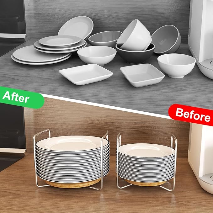 Adjustable Dish Rack for Kitchen Counter - Bamboo Plate Holder Organizer for Cabinet Wooden Bowl Organizer Stainless Steel Plate Stand Storage for Kitchen Drawer Countertop Cupboard Shelf RV