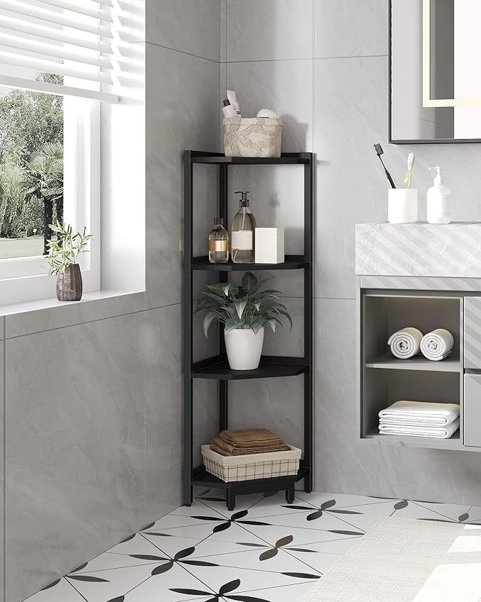Corner Shelf Stand, Corner Bookshelf, Storage Standing Shelf Unit with Metal Frame, Plant Stand, Corner Bookcase for Living Room, Home Office, Bedroom, 4-Tier Black CS05806B