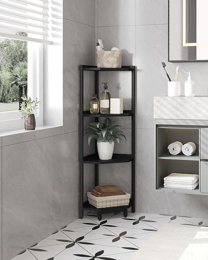 Corner Shelf Stand, Corner Bookshelf, Storage Standing Shelf Unit with Metal Frame, Plant Stand, Corner Bookcase for Living Room, Home Office, Bedroom, 4-Tier Black CS05806B
