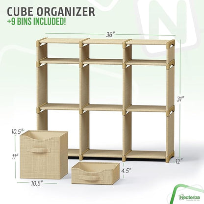 9 Cube Closet Organizers And Storage | Includes All Storage Cube Bins | Easy To Assemble Closet Storages Unit With Drawers | Room Organizer For Clothes, Baby Closets Bedroom, Playroom, Dorm (Beige)