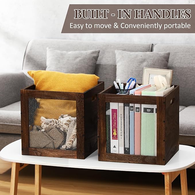 2 Pack Stackable Wood Storage Bins with Metal Wire and Handles 13 x 13 x 13 Inch, 36l Cube Vinyl Record Holder Wooden Storage Crate Basket for Shelve Fruit Vegetable Pantry Toy(Walnut)