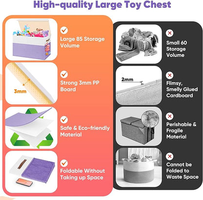 Large Toy Box, Collapsible Sturdy Storage Chest With Lids, Kids Toy Chest Storage Organizer Toddler Bin Boxes for Living Room, Bedroom, Nursery, 25"x13"x16", Purple & White