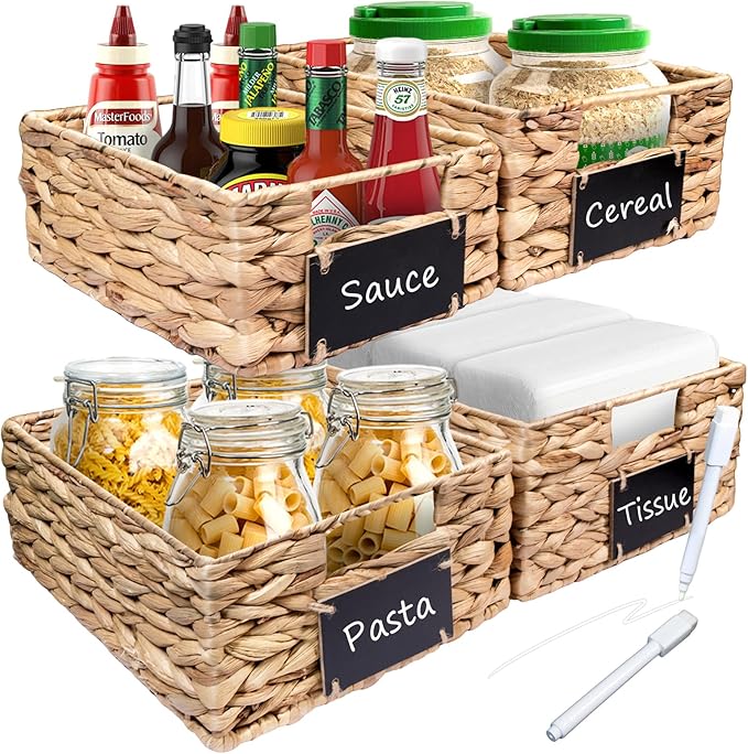 Set of 4 Sizes Hand-Woven Pantry Shelf Baskets, Hyacinth Storage Baskets with Chalkboard Labels & 2 Chalk Markers, Wicker Nestable Shelf Basket Set for Organizing Pantry Laundry Shelves