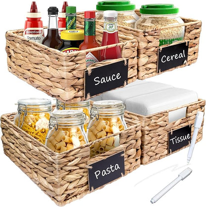 Set of 4 Sizes Hand-Woven Pantry Shelf Baskets, Hyacinth Storage Baskets with Chalkboard Labels & 2 Chalk Markers, Wicker Nestable Shelf Basket Set for Organizing Pantry Laundry Shelves