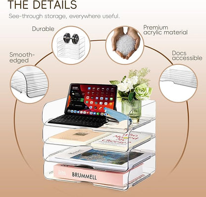 4-Tier Large-Capacity Paper Organizer, Clear Stackable Desk Organizer & Acrylic Paper Tray, Transparent & Easy Access,Desk File Organizer for Home Office & School