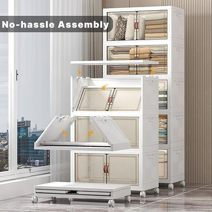 Extra Large Stackable Storage Bins with Lids & Wheels & Door, 560QT-112QT/28GAL*5Pack Foldable Collapsible Closet Organizers, Plastic containers drawers for bedroom Dorm