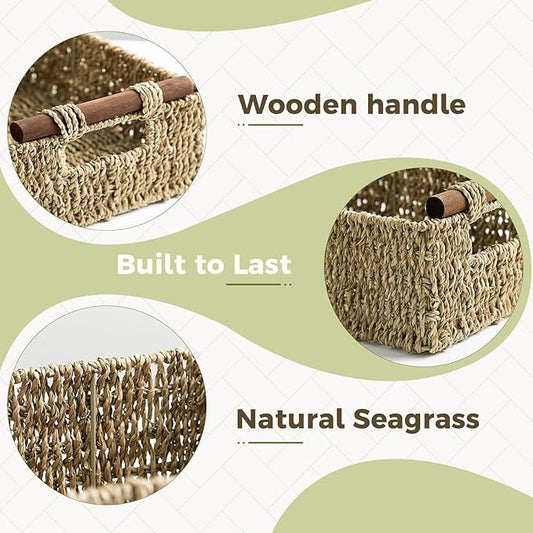 2 Pack Wicker Basket with Wooden Handles for Shelves, Handmade Storage Baskets for Home Organizing, Decorative Organizer Bins for Living Room Bathroom, Bedroom, Kitchen
