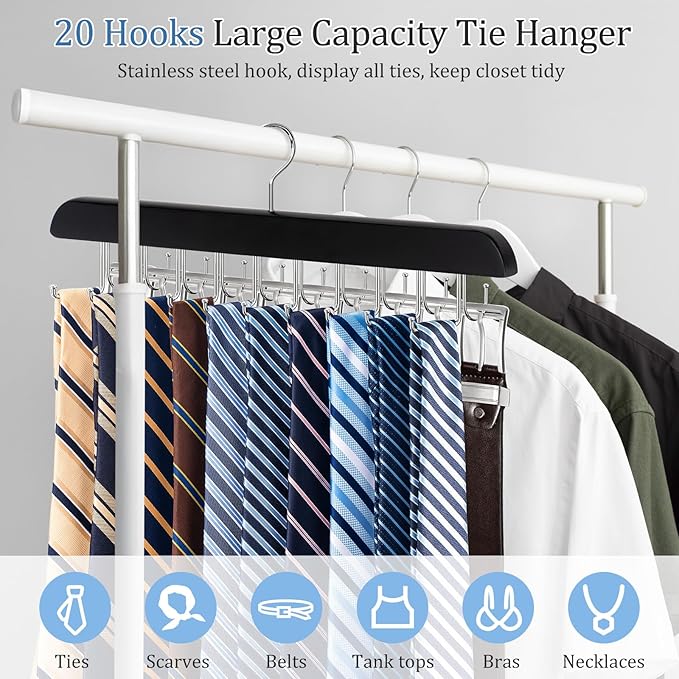 2-in-1 Belt and Tie Hanger for Closet, Upgraded Tie Rack with 20 Foldable Non-Slip Hooks, Max 30 Belts and 30 Ties, Space-Saving Wooden Tie and Belt Organizer for Camisoles, Bras, Scarves