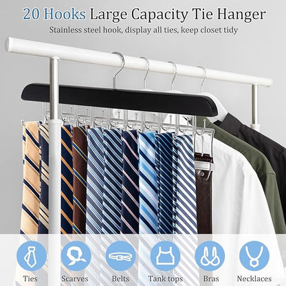 2-in-1 Belt and Tie Hanger for Closet, Upgraded Tie Rack with 20 Foldable Non-Slip Hooks, Max 30 Belts and 30 Ties, Space-Saving Wooden Tie and Belt Organizer for Camisoles, Bras, Scarves
