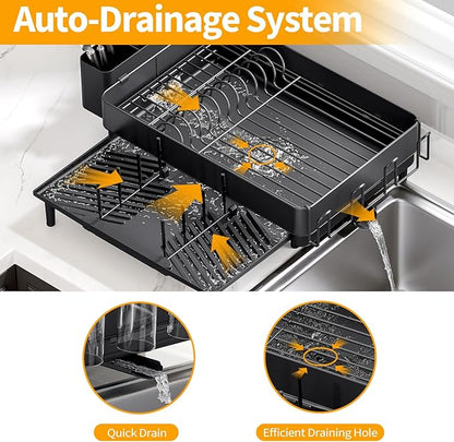 Urackify Dish Rack for Kitchen Counter, 304 Stainless Steel Dish Drying Rack, Expandable Dish Drainer, Foldable Kitchen Storage Organizer with Cutlery Holder, Plate Rack, Black