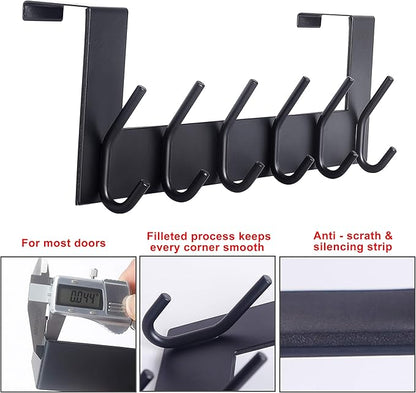 SKOLOO Over The Door Hook - 6 Hooks, No Assembly Required, Stainless Steel Door Hooks, Over Door Coat Rack for Hanging Coats Clothes Hats Robes, Black