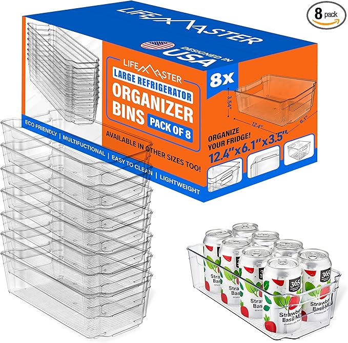 8-Piece Stackable Refrigerator Bin Organizer Set with Easy Grip Handles - Clear Multi-Purpose Storage Bins for Fridge and Pantry Use