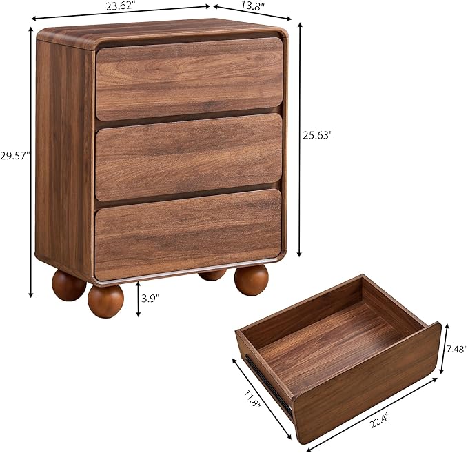 AVZEAR Wooden Night Stand wth 3 Drawer Dresser Mid Century Modern End Table Chest of Drawers, Solid Wood Legs & Curved Profile Design, Farmhouse Side Table for Living Room, Walnut