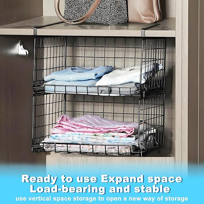 Hanging Under Shelf Storage Basket, 1 Pack Foldable Under Cabinet Metal Desk Storage Wire Rack Organizer for Kitchen Pantry Bookshelf Office Home, Easy to Install Slide-in Under Shelves ﻿ ﻿ (1, Black)