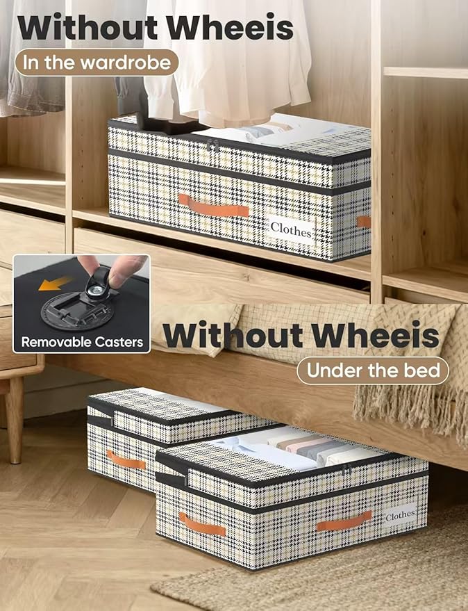 TOSKING Under Bed Storage with Wheels 2 Pack, Adjustable Height 7.9"-10.2", 6 Vacuum Bags, 900D Oxford Rolling Underbed Bins, Heavy Duty Drawer Organizer, Organizer for Clothes, Shoes, Houndstooth