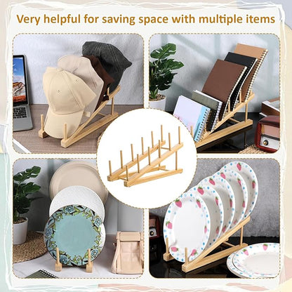 Zelphvt 5 Pack Wooden Dish Rack Wooden Plate Stands for Display Multi Tier Plate Holder Cabinet Organizer, Craft Show Vendor Counter Display Rack for Tabletop Book, Art Prints and Platter