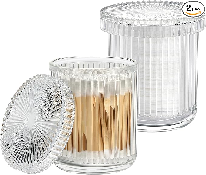 MKOSAB 2 Pack Glass Qtip Holder Dispenser - Bathroom Organizers and Storage, Clear Apothecary Jars Set, Bathroom Essentials Accessories Decor, Vanity Makeup Storage Organizer (Clear)