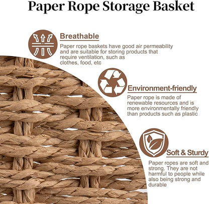 OIAHOMY Pantry Baskets for Organizing, Paper Rope Baskets with Built-in Handles, Wicker Storage Bins for Shelves, 2 Pack-Yellow