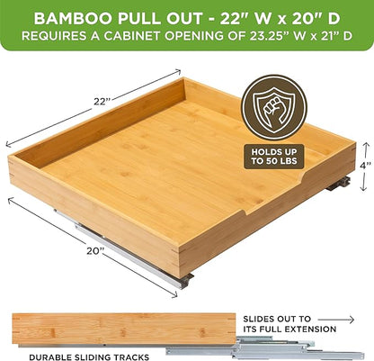 HOLDN’ STORAGE Bamboo Wooden Pull out Cabinet Organizer. 22" W x 21" D - Requires At Least a 23.25" W x 21" D. Cabinet Opening. W/Lifetime Limited Warranty. Bamboo Tray and Heavy gauge metal rails