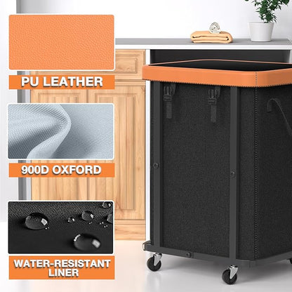 150L (40 Gal) Large Fashion Laundry Basket with Wheels, Leather Patchwork Rolling Hamper Carts, Sturdy Metal Frame, Removable Washable Bag, Tall Clothes Sorter for Bedroom, Laundry Room - Black