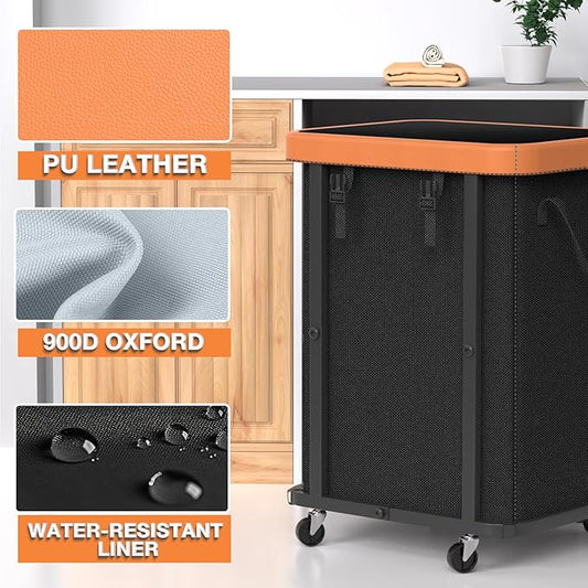 150L (40 Gal) Large Fashion Laundry Basket with Wheels, Leather Patchwork Rolling Hamper Carts, Sturdy Metal Frame, Removable Washable Bag, Tall Clothes Sorter for Bedroom, Laundry Room - Black