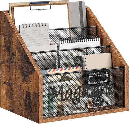 Magazine Holder, Wood Magazine Rack Floor, Mail Organizer Countertop, Magazine Mail Holder Sorter, Record Holder for Magazines, Books, Newspapers, Tablets, Rustic Brown and Black MR02BR