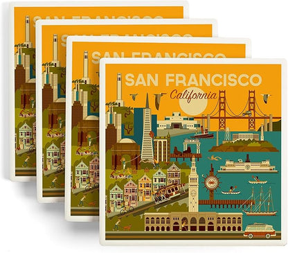 Lantern Press San Francisco, California, Geometric (Absorbent Ceramic Coasters Set of 4 Matching Images, Cork Back, Kitchen Table Decor)