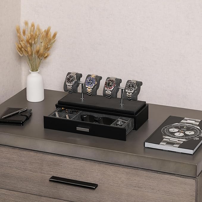 ROTHWELL Luxury Watch Display Case for 4 Watches – Leather Watch Box with Acrylic Cover and Removable Slide in Cushions – Accessory Drawer with Multiple Configurations (Black/Grey)