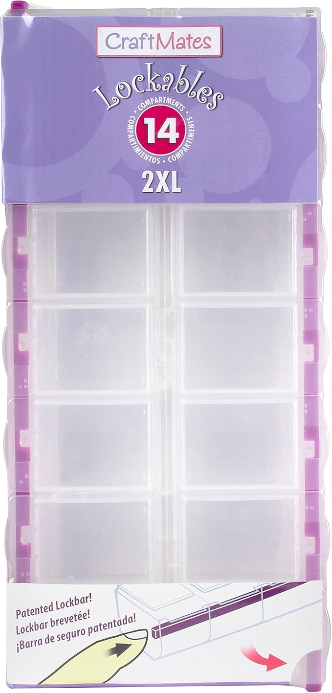 Craft Mates Bead Organizer and Plastic Storage Containers for Crafts, Buttons, Pins and More, 14 Locking Compartments, 2XL, Clear Lids