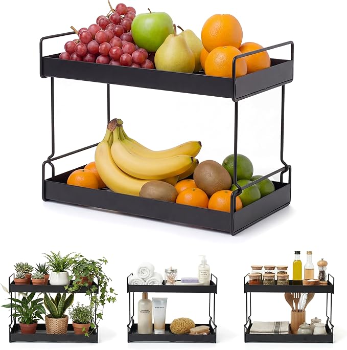 2-Tier Fruit Basket for Kitchen Counter – Black Powder Coated Metal Fruit Stand – Minimal Scandinavian Design Countertop Organizer for Fruits, Vegetables, Bread, Snacks – Sturdy & Easy Assembly