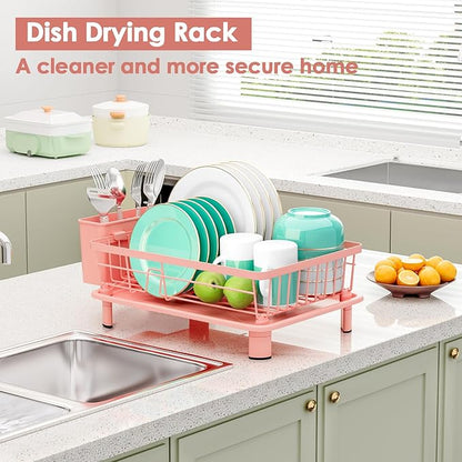 GAOKASE Dish Drying Rack, Space-Saving Dish Rack, Dish Racks for Kitchen Counter, Kitchen Dish Drainers with Removable Utensil Holder,Plate Rack and Drainboard, 11''W x 15''L, Pink
