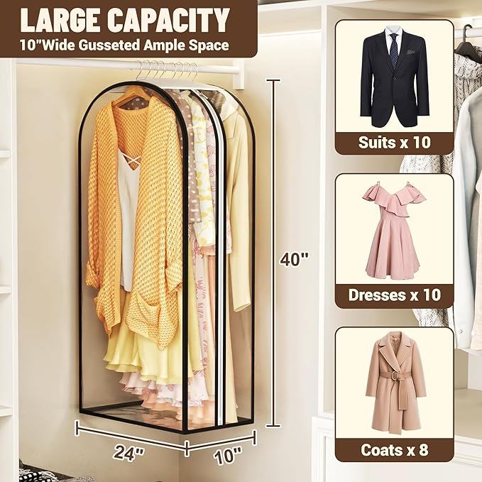 Garment Bags for Hanging Clothes 40” Long,Ultra Clear Suit Bags for Closet Storage, Moving Organization, Travel Covers with 10" Gussets for Coat, Dress, Shirt and Sweater - 3 PCS