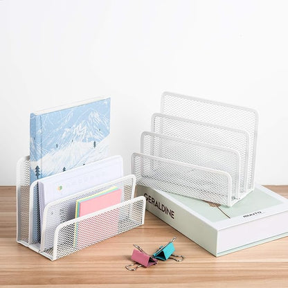 VANRA Small Letter Sorter Pack of 2 Desktop File Organizer Metal Mesh Paper Stacking Sorter Holder 3 Slots (2 White)